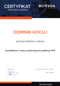 Certyfikat ukończenia szkolenia "Architektura i testy automatyczne aplikacji PHP"